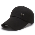 Men's black outdoor baseball cap with long brim and silver metal M logo for sun protection - Adjustable / Black