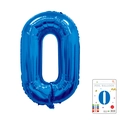 Blue number 0 foil balloon with metallic finish and retail packaging card shown on white - 40-inch Blue 0 With Paper Card