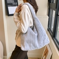 Faux fur tote bag with vertical stripes in light grey-purple, casual plush shoulder bag - Gray