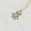 Golden bear necklace pendant with blue heart gemstone and sparkling zircon stones - Lake Blue Heart (XL2572-4)