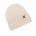 Vista detallada del gorro de punto beige con parche de cuero y textura acanalada fina - Talla única / Blanco Roto