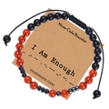 Detail of Morse Code Bracelet with red agate and matte beads on I Am Enough card - I am enough