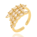 Golden leaf open ring featuring marquise-cut cubic zirconia in a cluster design - Marquise Leaf Style