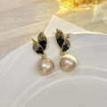 Elegant champagne pearl earrings with gold leaf design and amber crystal accents - 35# Crystal Leaf White Pearl Stud Earrings