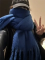 Blue mohair scarf with tassels worn with a black leather jacket and vintage cap - Royal Blue
