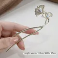 Épingle à cheveux dorée en U avec feuilles de ginkgo, cristaux et perle blanche - Feuille de Ginkgo en Cristal Dorée (77#)