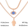 Double-layered rose gold necklace with blue Evil Eye and Hamsa Hand crystal pendants - Rose Gold (KN230223-KFC)