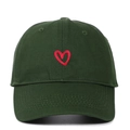 Detailed embroidery of a red heart on a dark green cotton baseball cap - Red Heart Embroidery / Army Green