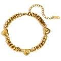 18K gold-plated Cuban chain bracelet with three sparkling star-set heart charms - Three Zircon Heart Pendants Cuban Link Bracelet