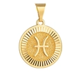 Gold plated circular pendant featuring a Pisces zodiac sign and textured radial details - Gold Pisces