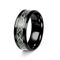 Detailed view of black titanium steel ring featuring luminous Celtic dragon inlay pattern - US 7 / Plated Black with Black Dragon Pattern