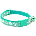 Green nylon pet collar with white paw print pattern and matching bell for cats and dogs - JY Paw Print / Mint Green