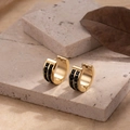 Boucles d'oreilles créoles en acier doré avec double rangée de zircons noirs carrés - Acier inoxydable/Zircone / Or avec Zircone Noire