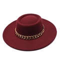 Detail view of burgundy flat top wool felt boater hat with a chunky gold chain accessory - M (56-58cm) / Burgundy