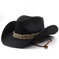 Black western cowboy straw hat with colorful ethnic band and adjustable chin strap - M (56-58cm) / Black