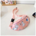 Close-up of pink kids fanny pack with colorful unicorn print and adjustable strap buckle - Pink Unicorn
