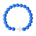 Close-up of blue stone beads and a white cross pendant on a minimalist religious bracelet - Blue Lava Stone Color