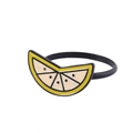 Detail view of a lemon-shaped alloy napkin ring with yellow and beige enamel finish - Lemon Slice