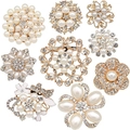 Flat lay of nine vintage flower brooches with pearls and sparkling rhinestones - KZ063 Pearl and Rhinestone Floral Pin Set
