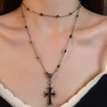 Gothic punk black beaded double-layer necklace with chrome cross pendant for women - Double Layer Black Gemstone Cross Necklace