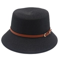 Classic black woven straw hat with brown leather band and metal buckle for sun protection - Black