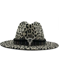 Leopard print western cowboy hat with ethnic band and silver bull head ornament - M (56-58cm) / Metal Bull Skull Ethnic Woven Band Style / Beige