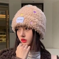 Thick plush bear ear knit hat in beige featuring colorful buttons and letter patch - Color Button-Khaki