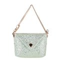 Close-up of light green glitter mini bag with gold chain strap and metal buckle - Light Green