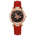 Women's watch with red leather strap, rose gold diamond case and butterfly starry dial - Red