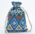 Ethnic style blue drawstring cotton linen pouch with colorful geometric patterns - 10x14cm / Blue Ethnic Pattern