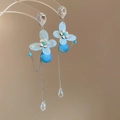 Orecchini a fiore in chiffon blu con ago d'argento e nappine di perle eleganti - Stile Nappina Quadrifoglio (42#) / Blu
