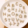 Gold plated 26 English letter pendants with small white pearls for jewelry DIY - 26 Alphabet Letters Set - Blue Pearl