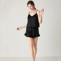 Women's black silk satin two-piece pajama set with V-neck camisole and ruffled shorts - S / Black