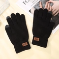Men's black knitted touchscreen gloves with grey fingertips and brown leather tag - Pineapple Texture / Black