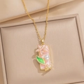 Collana stile pittura a olio Monet in oro con fiore rosa, foglia verde e perla bianca - Floreale Rettangolare - Rosa (A23 Rosa)