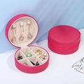 Portable round jewelry box in rose red faux leather with zipper closure and mirror - 10x5cm / Rose Red