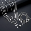 Hip-Hop-Schmuckset aus Silber-Edelstahl mit Kreuzketten Armbändern und einem Ring - Silbernes Kreuz 10-teiliges Set / Silber