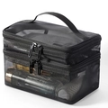 Double-layer black mesh makeup bag with top handle and dual zippers for travel storage - Black Mesh (Double Layer)