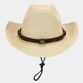 Detail of straw western cowboy hat with brown leather band and adjustable wind rope - One Size / Beige