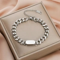 Bracciale a catena cubana in acciaio argento con piastra personalizzabile e ciondolo K18 - 577 Braccialetto Liscio / Argento