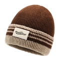 Brown and beige striped knitted beanie with PineCrest logo patch and ribbed texture - One Size / Coffee