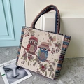 Embroidered owl tote bag featuring vintage floral tapestry and colorful striped handles - Light - Hat Couple Owls