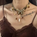 Vintage bronze butterfly necklace with hanging chains, brown beads and pearl pendant - Maillard Amber Inlaid Diamond Butterfly Necklace