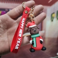 Cartoon Christmas puppy keychain with red wrist strap and Santa hat festive pendant - Happy New Year Reindeer