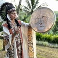 Handmade shamanic drum with lion face painting and wooden mallet for ritual music - Lion Totem Drum / 25cm