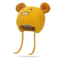 Yellow kids winter knit hat with pom-poms, animal face embroidery and earflaps - One Size / Yellow