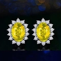 Elegant S925 silver halo stud earrings with oval yellow gemstone and white zircon - Yellow Diamond Earrings Tz-18