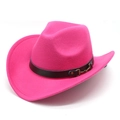 Detailed view of hot pink wool fedora featuring a black leather band with golden buckle - M (56-58cm) / Rose Red