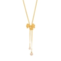 Collar de borla larga con lazo dorado, colgantes de perlas y cadena de serpiente - Negro con lazo rosa
