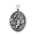 Oval stainless steel pendant featuring a detailed dragon relief in retro oxidized silver finish - Western Dragon Relief Style (KP119867-MI)